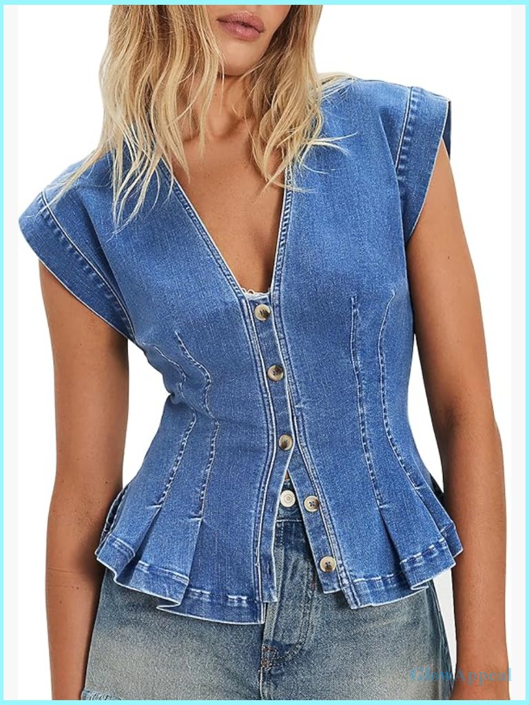 Cropped Denim Vest With Cap Sleeves And Deep V-Neck